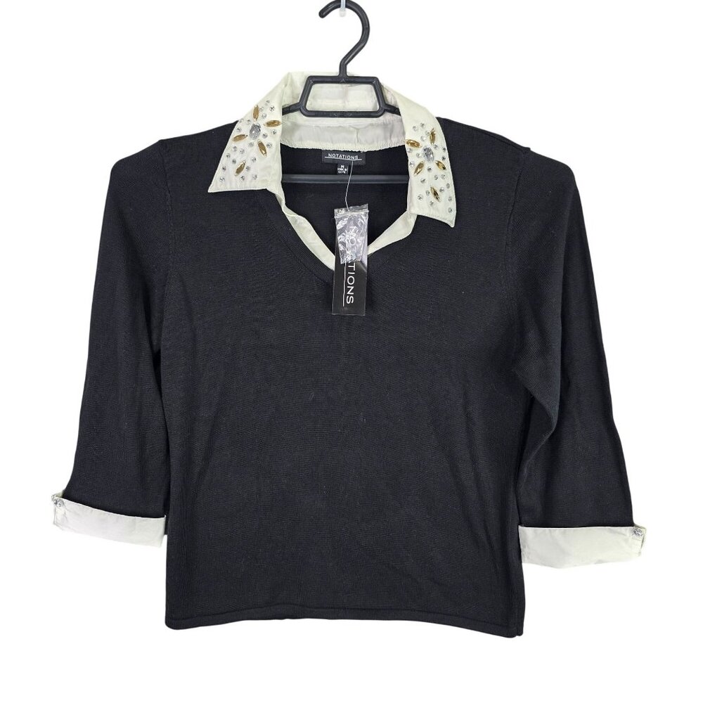 Womens Notations Black Sweater White Rhinestone Collar & Cuffs 3/4 Sleeve M